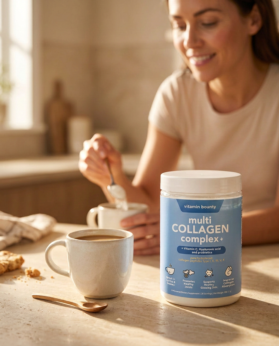 Woman preparing Multi Collagen Complex+ in her morning coffee, with the product jar on a sunlit kitchen counter