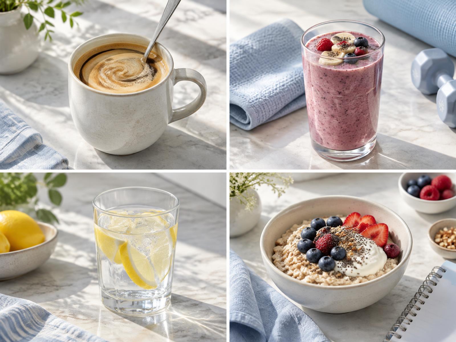 Coffee, smoothie, water and oatmeal in an everyday collagen routine